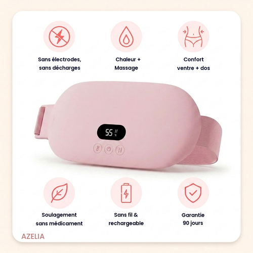 Azelia : sans électrodes, chaleur + massage, sans fil, rechargeable, garantie 90 jours